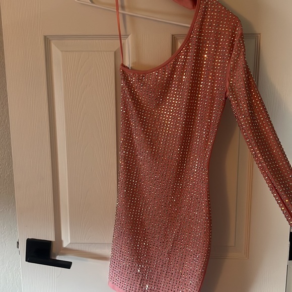 light pink, rhinestone, one sleeved, choker pencil dress - Picture 4 of 4